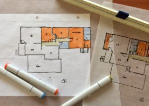 Floorplan sketches on trace paper